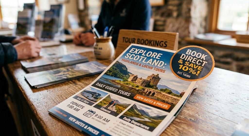 Tour brochure with book direct and save discount offer for tourists