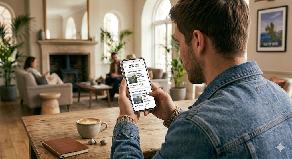 Person browsing tour prices on mobile phone at outdoor cafe