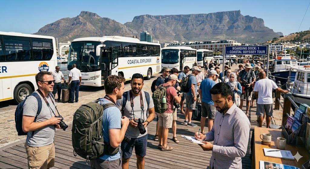 Busy tour departure point with tourists gathering for activities