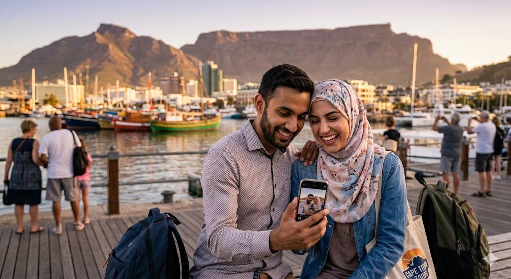 Happy couple reviewing their tour experience on phone after trip