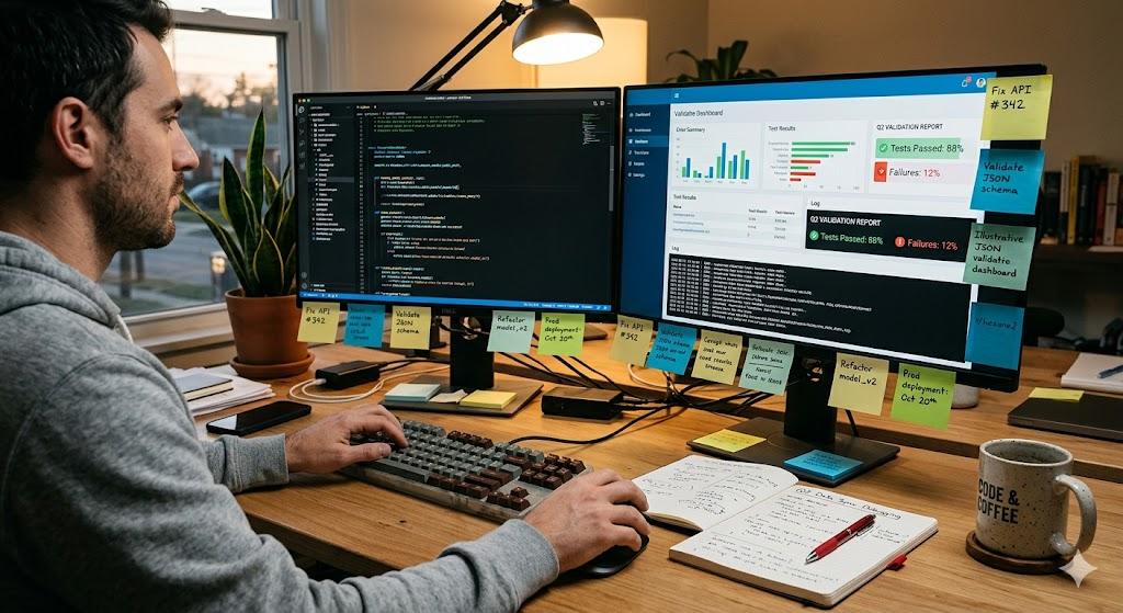 Developer workspace with dual monitors showing code and schema validation tools