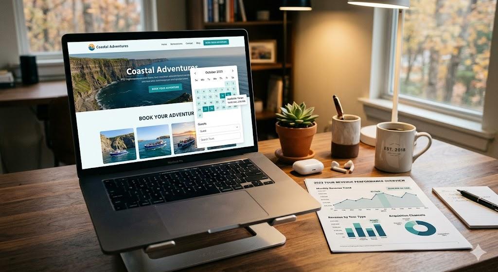 Tour operator reviewing direct booking website dashboard and revenue analytics