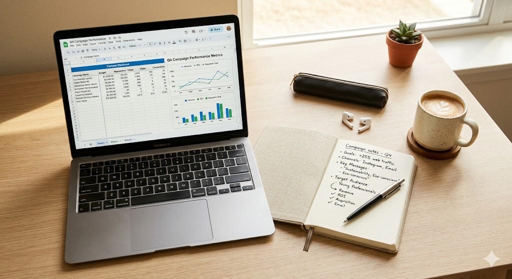 Tour operator workspace with laptop showing Google Ads campaign dashboard and notes