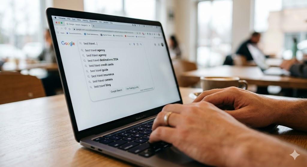 Google autocomplete showing travel keyword suggestions for tour operators