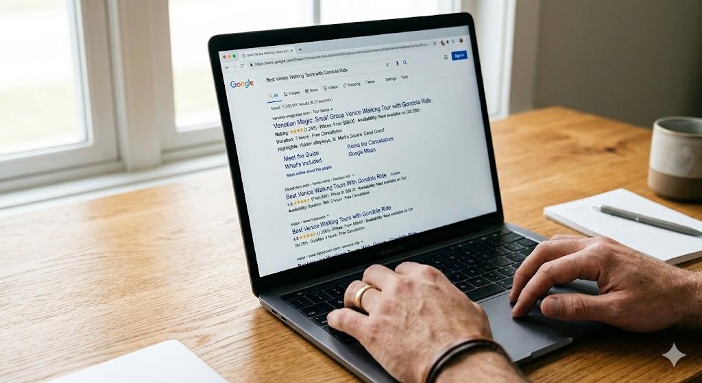 Google search results showing rich snippets with star ratings for a tour listing
