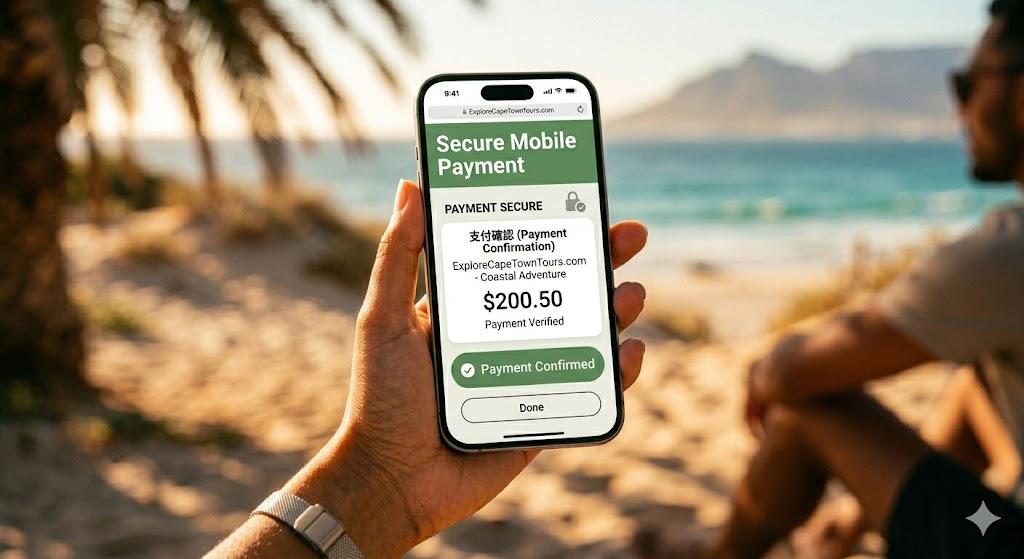 Person making secure mobile payment for tour booking