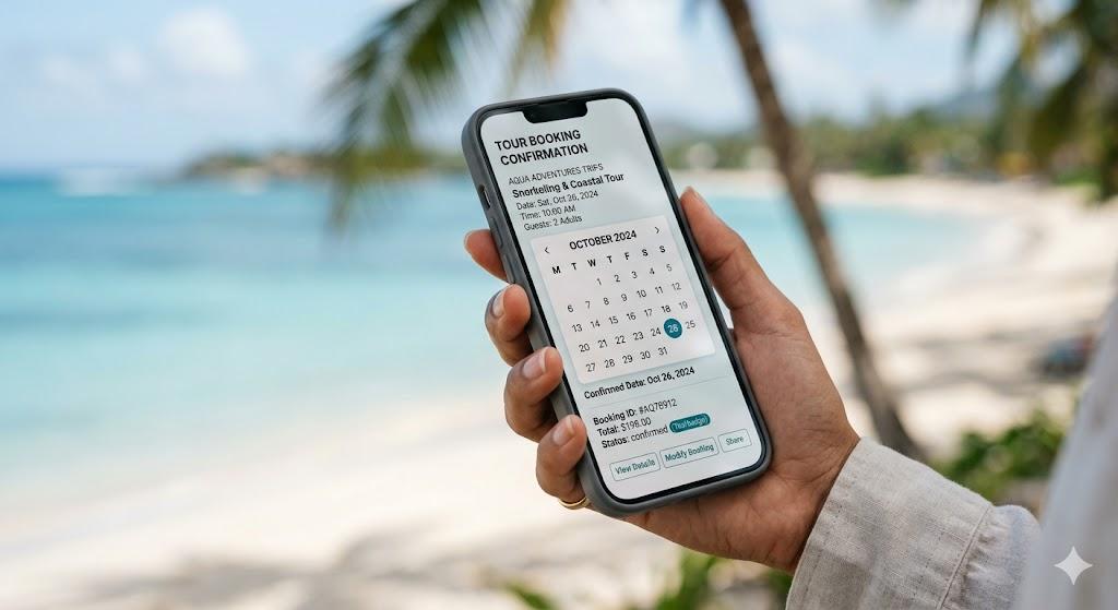 Mobile phone showing a tour booking confirmation with calendar widget