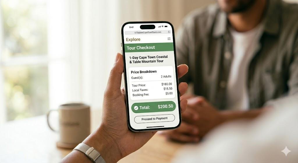 Mobile phone showing tour checkout page with clear price breakdown