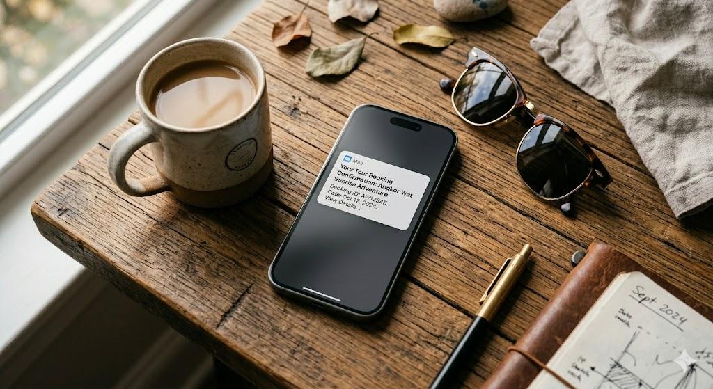 Smartphone showing tour booking email notification on wooden table