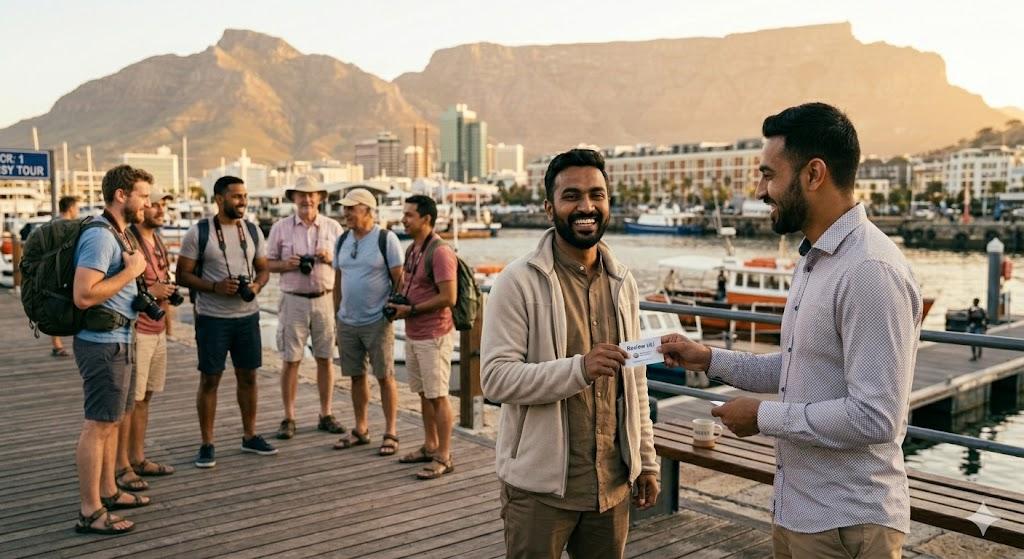 Tour guide handing review request card to happy tourist after tour