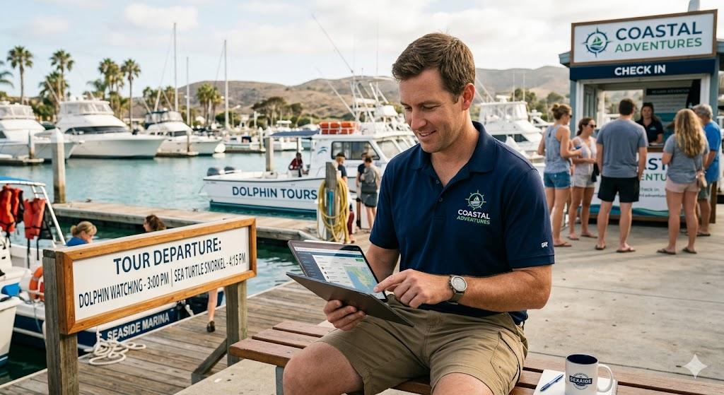 Tour guide managing bookings on a tablet at a marina departure point