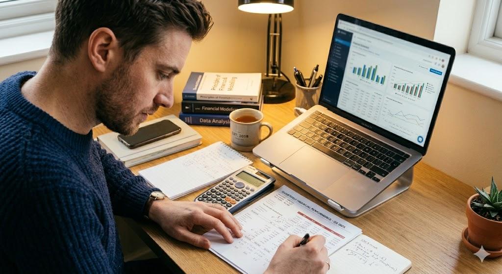 Tour operator planning advertising budget with calculator and spreadsheet