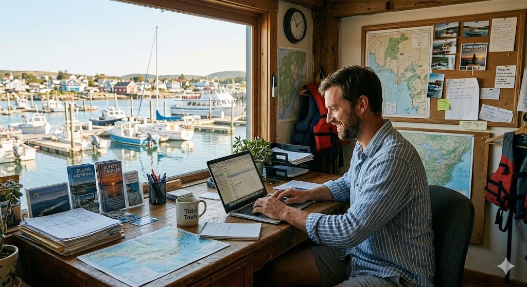 Small tour operator evaluating booking platforms at a beach-town office desk