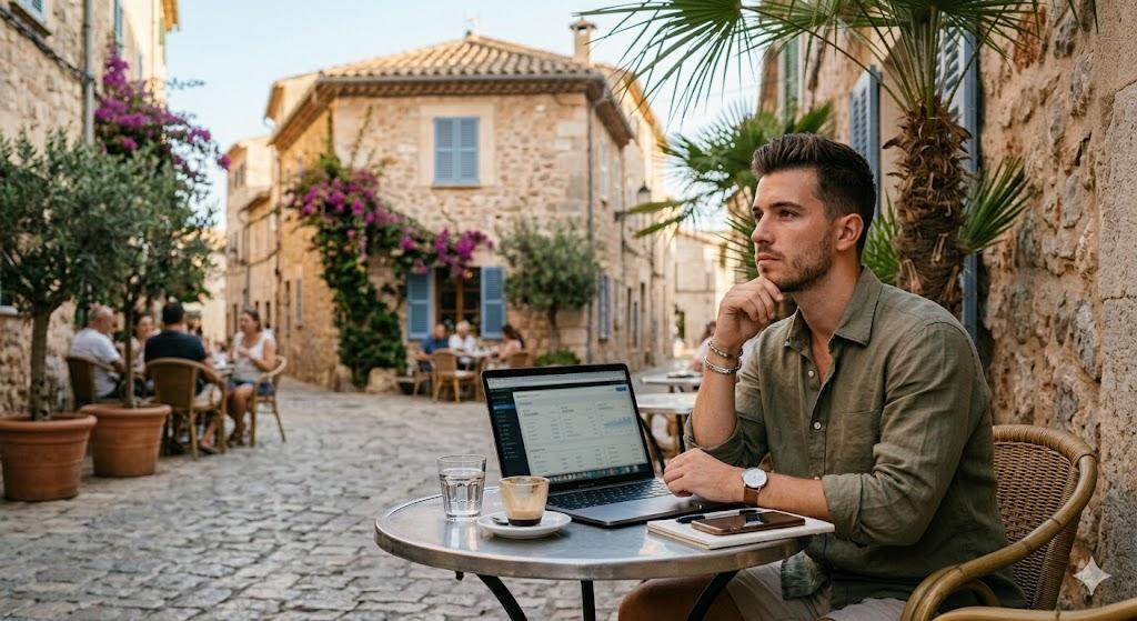 Tour operator researching booking software options at a cafe with laptop
