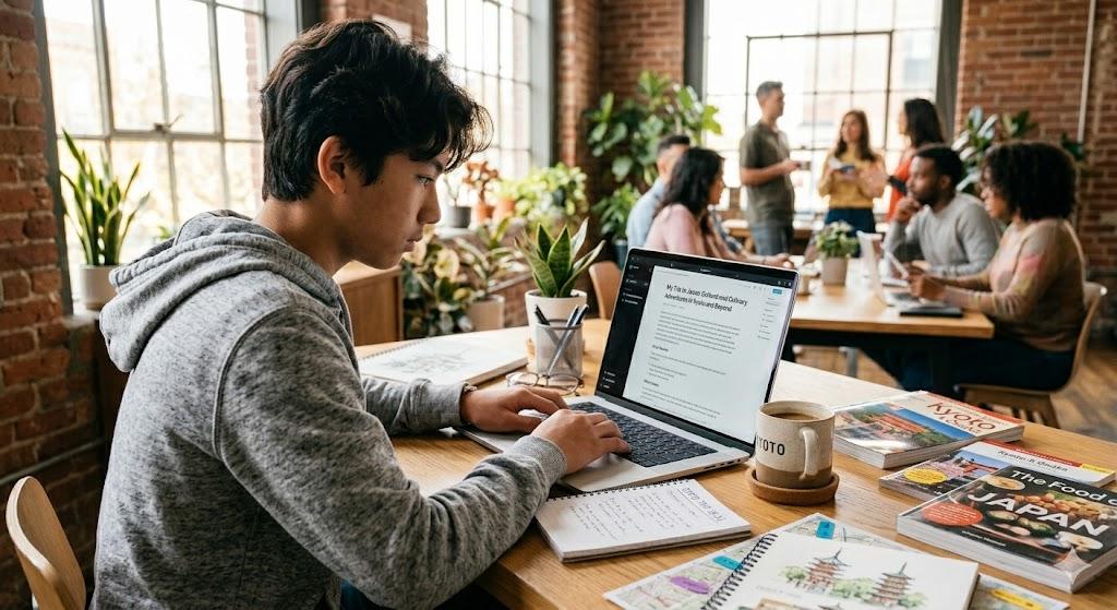 Tour operator writing content for citation authority at co-working space