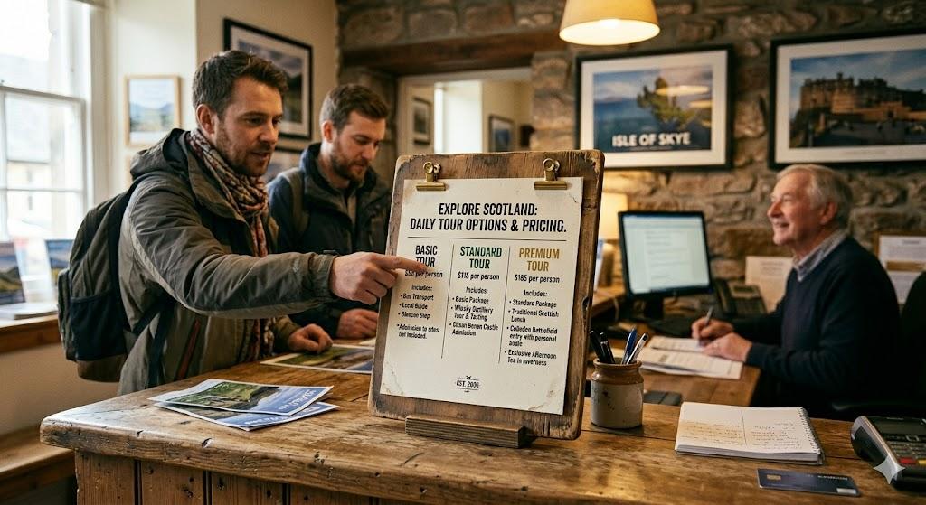 Tour operator pricing board showing three-tier pricing options for tourists