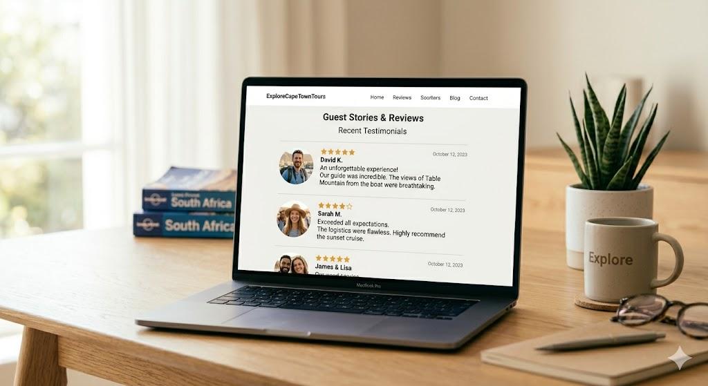Tour website testimonials section showing star ratings and guest reviews