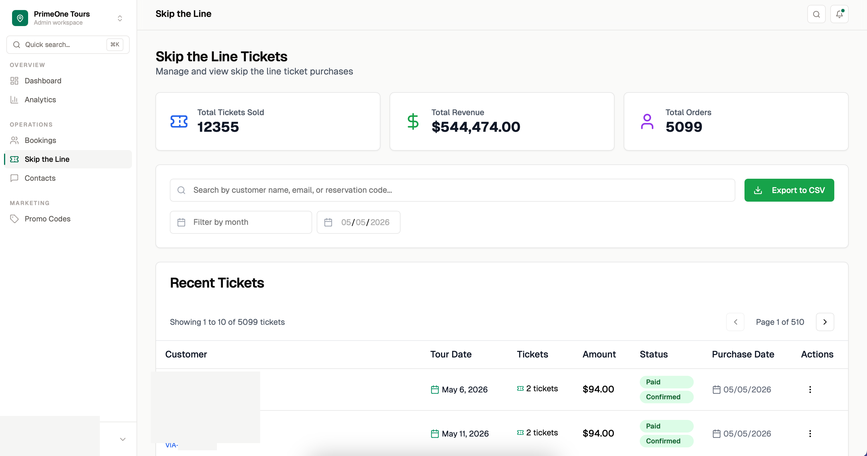 Página de admin de boletos Skip the Line mostrando 12,355 boletos, $544,474 USD en ingresos, 5,099 órdenes y una lista de reservaciones con códigos prefijo Viator.